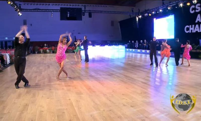 Denis Kojinov and Jeanette Chevalier (USA) dance Paso Doble at 2025 CSIT World 10-dance championships in San Marino
